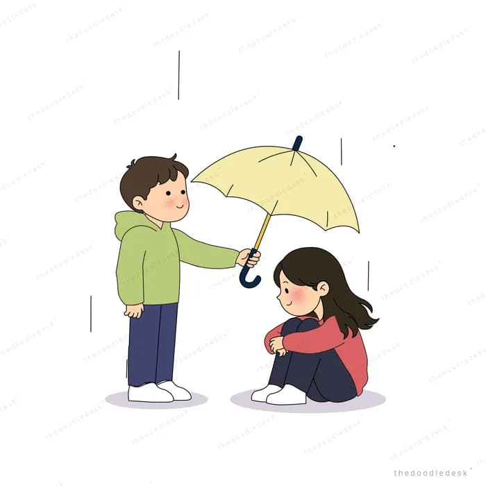Boy sheltering a crouching girl under his yellow umbrella in the rain