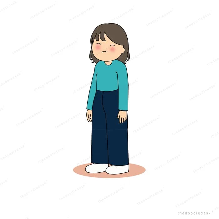 Girl in a teal top and dark trousers standing with her head lowered