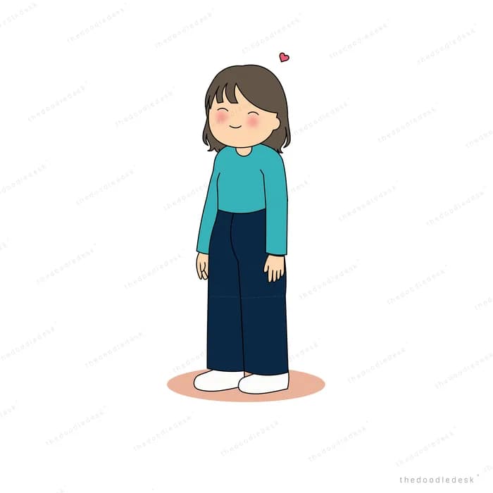 Girl in a teal top standing with her eyes closed and a small smile