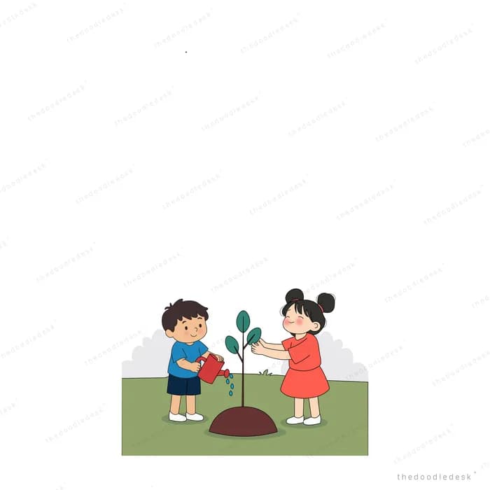 Boy watering a sapling on a soil mound while a girl in red steadies it