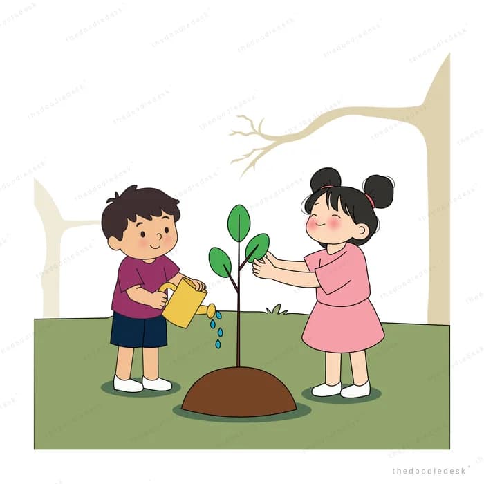 Boy watering a young sapling as a girl in pink holds its leaf