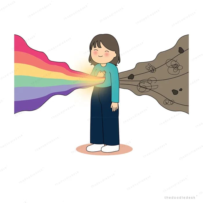 Girl in teal blowing a rainbow ribbon toward a jagged dark rock mass