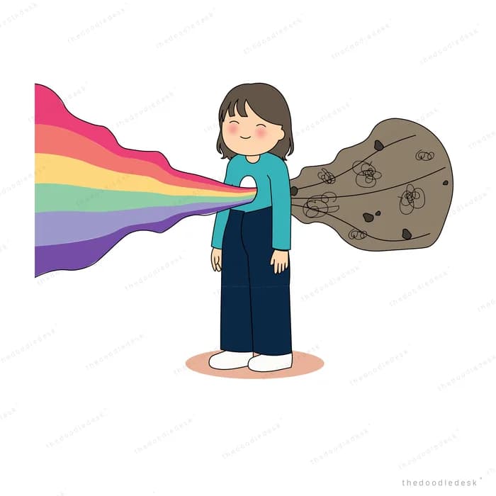 Girl in teal streaming a rainbow ribbon at a rounded dark rock
