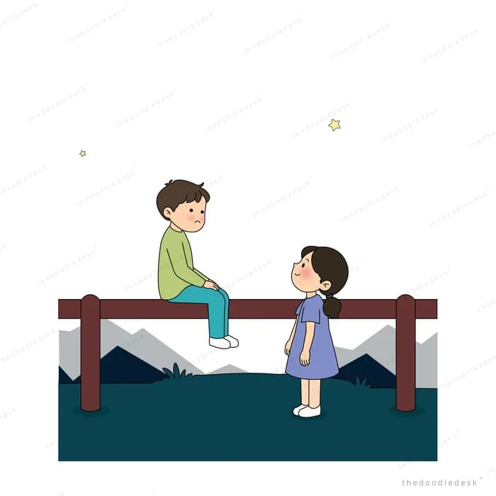 Old man perched on a bridge railing talking with a girl in a purple dress