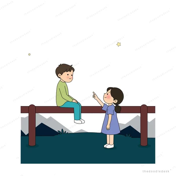 Old man on a bridge railing beside a girl looking out over dark water