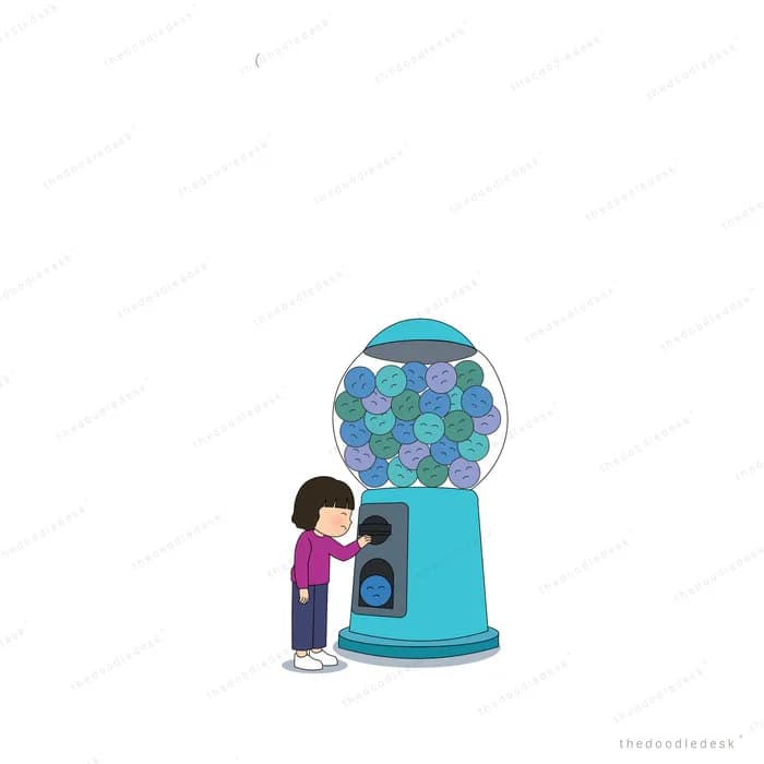 Small girl standing beside a tall blue gumball machine