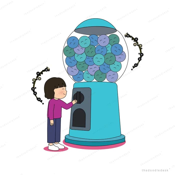 Girl turning the knob of a gumball machine as dark specks swirl around it