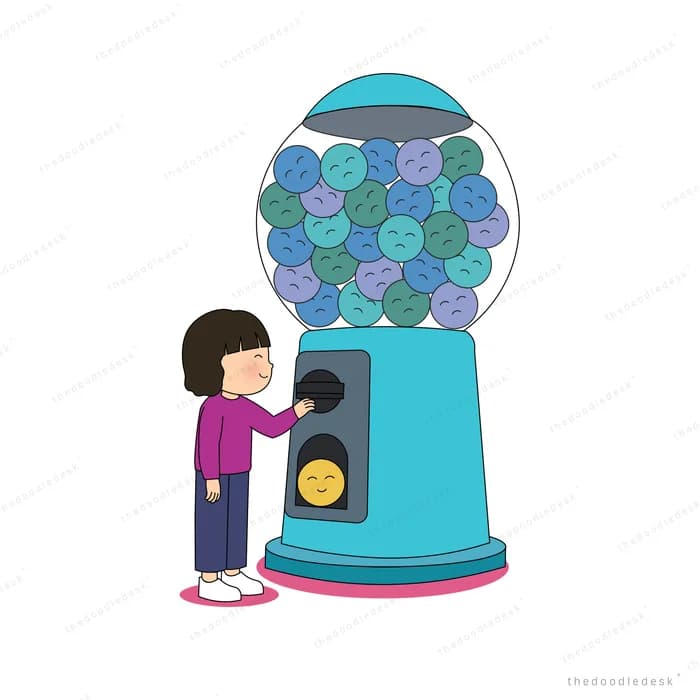 Girl at a gumball machine that dispenses a yellow smiley gumball