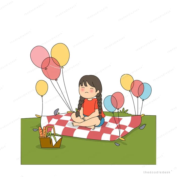 Girl on a red checkered picnic blanket surrounded by balloons and a picnic basket