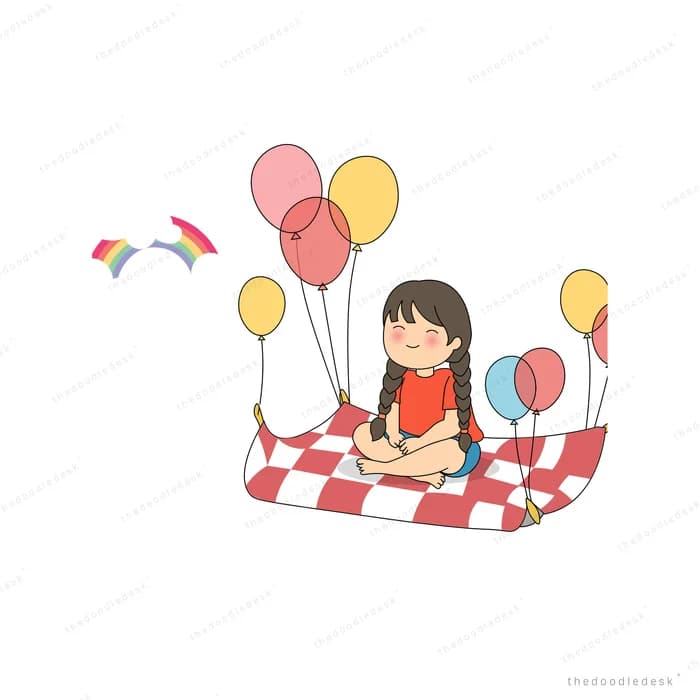 Girl on a checkered picnic blanket floating on clouds with balloons and a small rainbow