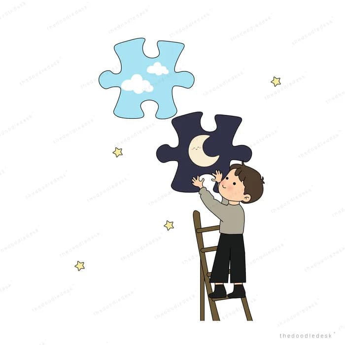 Boy on a wooden ladder fitting a night-sky puzzle piece with a moon beside a blue cloud piece