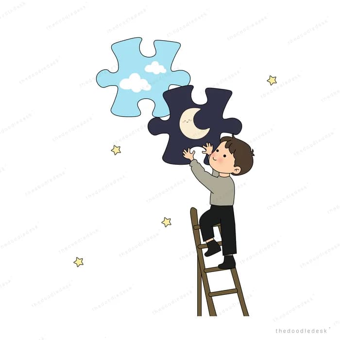 Boy climbing a ladder to place a dark puzzle piece with a crescent moon into a blue sky piece