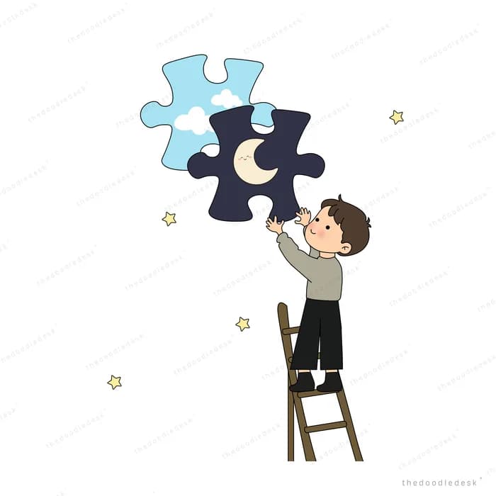 Boy on a ladder reaching up to join a moon puzzle piece to a cloud puzzle piece