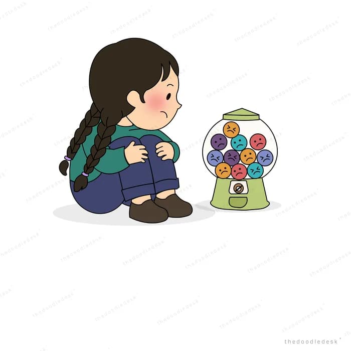 Girl crouching in front of a gumball machine full of coloured gumballs