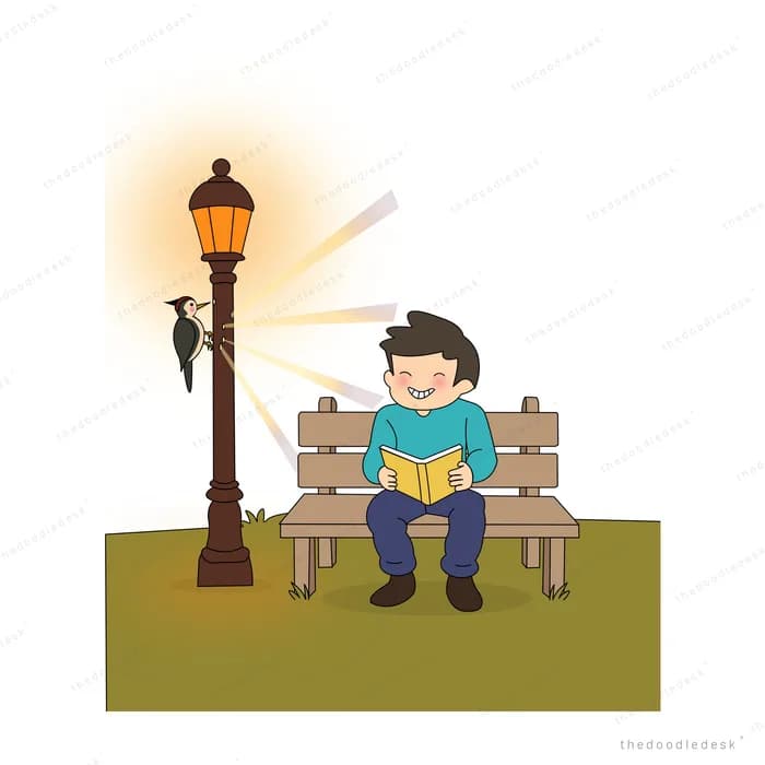 Boy on a park bench beneath a glowing street lamp at night