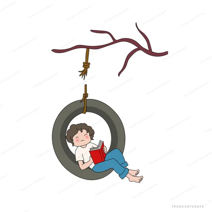 Boy reading in a tyre swing with maroon and grey cloth banners draped above