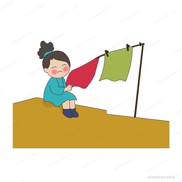 Boy sitting on a mustard hill holding a red flag beside a green flag on a pole
