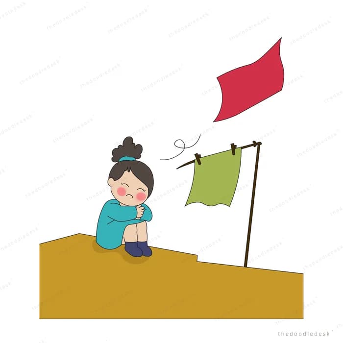 Boy resting on a mustard hill as a red flag flies above a green flag on a pole