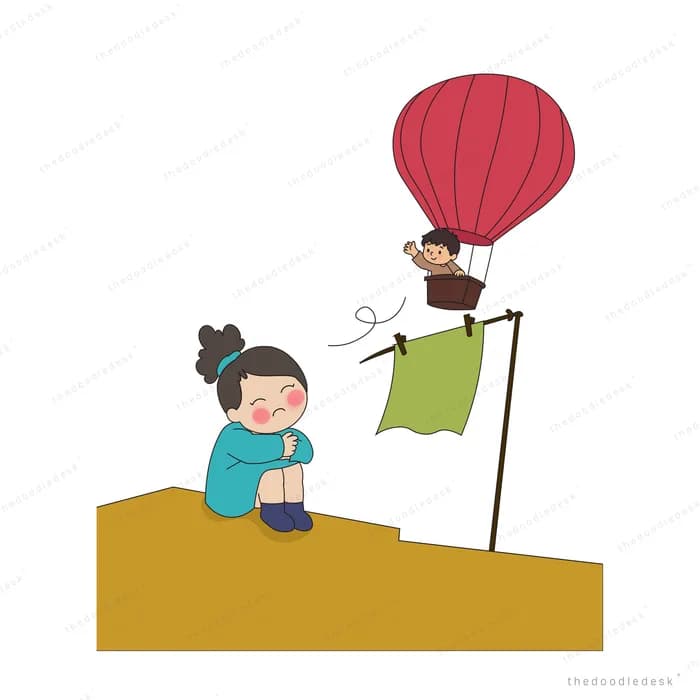 Boy slumped on a hill watching a red hot air balloon rise past a green flag