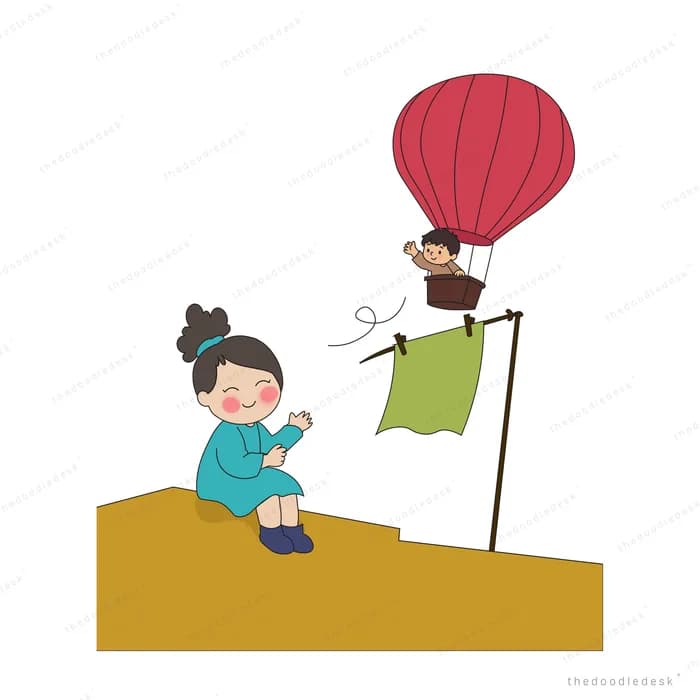 Boy sitting on a hill below a red hot air balloon lifting off past a green flag