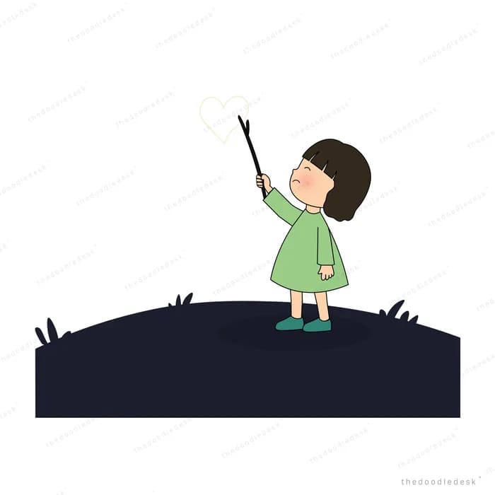 Girl in a green dress standing on a dark hill holding a stick up to the night sky