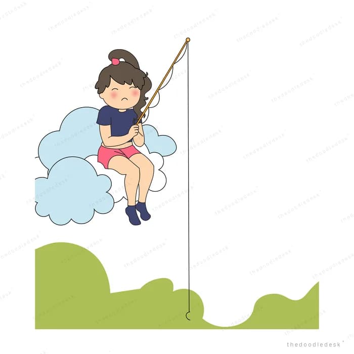 Girl sitting on a cloud fishing with a rod over green hills