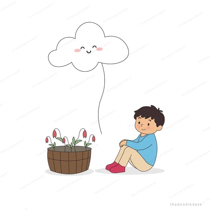 Boy sitting by a tub of tulips holding the string of a smiling cloud balloon