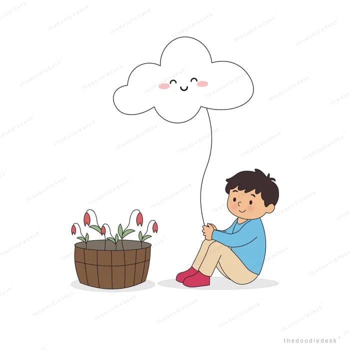 Boy seated beside potted tulips tethered to a smiling cloud floating above