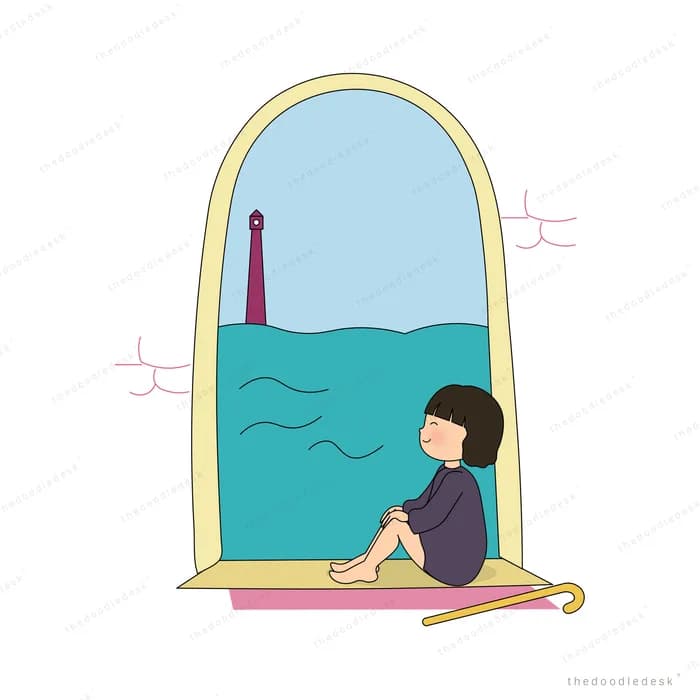 Girl sitting on a mat inside a yellow beach tent with a parasol beside her