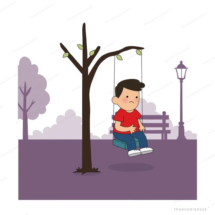 Boy sitting on a swing in a purple park beside a street lamp and trees