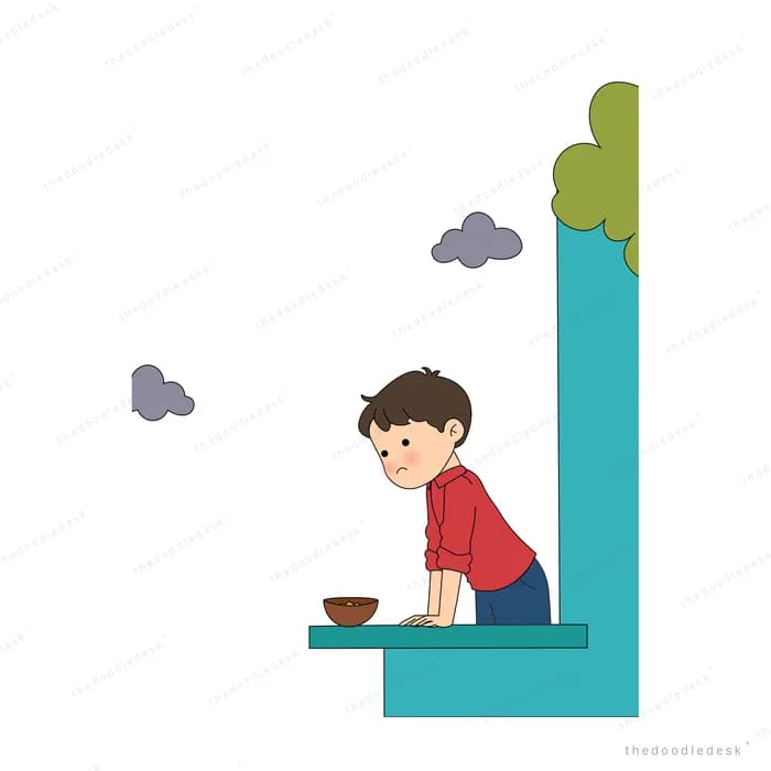 Boy leaning on a teal balcony ledge with a bowl and grey clouds drifting past