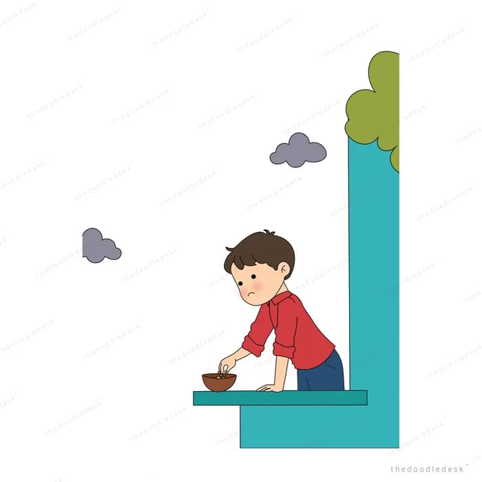 Boy resting his arms on a teal ledge beside a bowl and a treetop