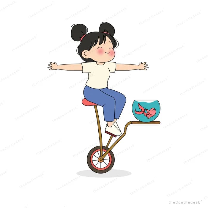 Girl balancing arms out on the wheel of a wheelbarrow carrying a fish bowl