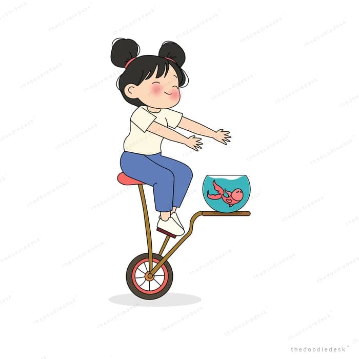 Girl standing on a tipped wheelbarrow holding a fish bowl steady