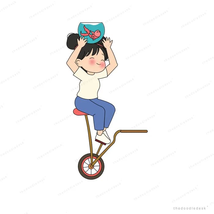 Girl lifting a fish bowl onto her head while standing on a wheelbarrow