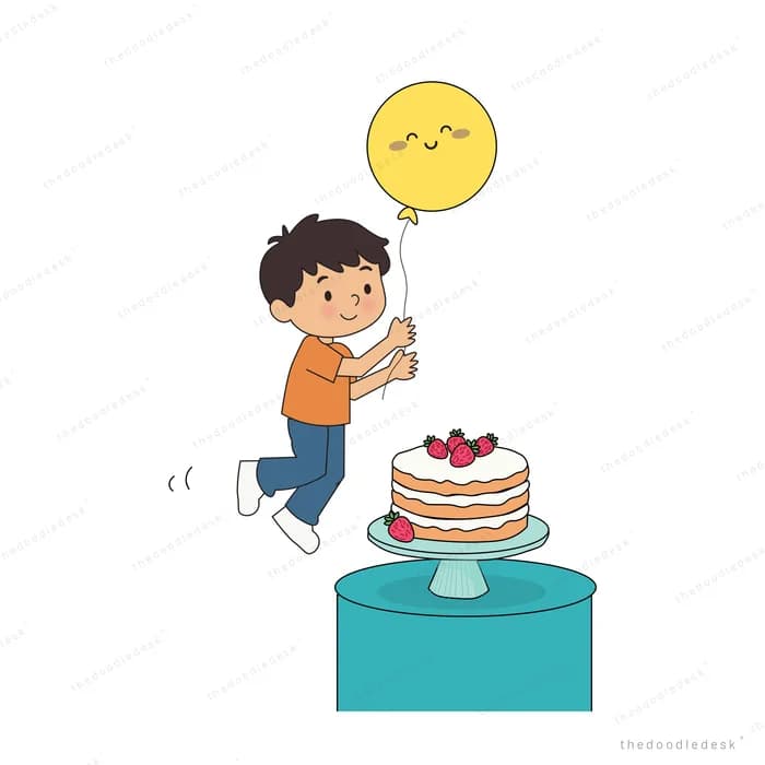 Boy with a smiling balloon walking toward a layered cake on a teal stand
