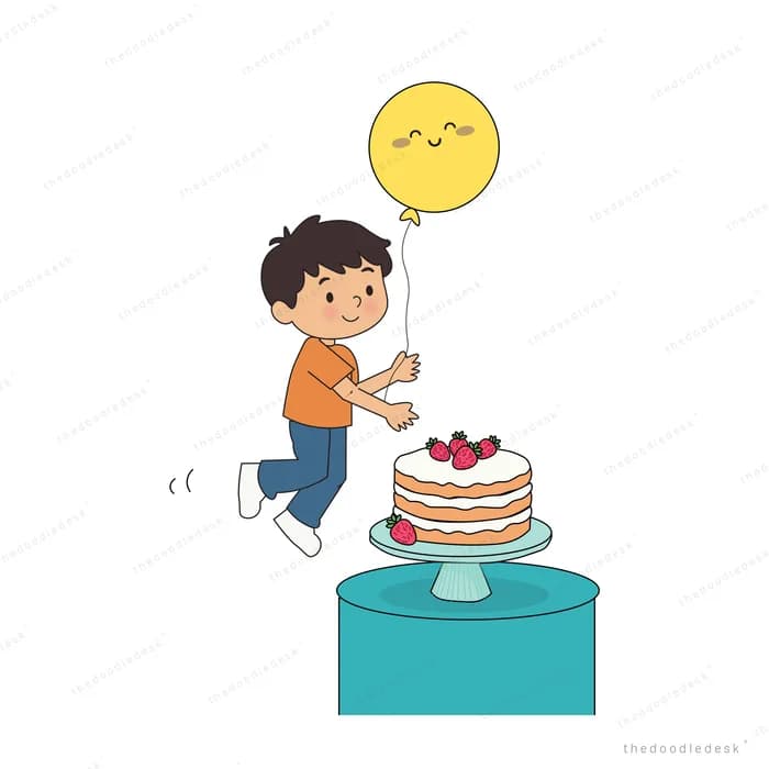 Boy holding a yellow smiley balloon beside a strawberry cake on a stand