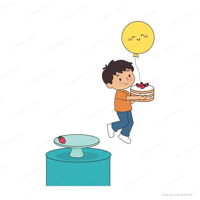 Boy holding a smiling yellow balloon beside a cake on a teal stand