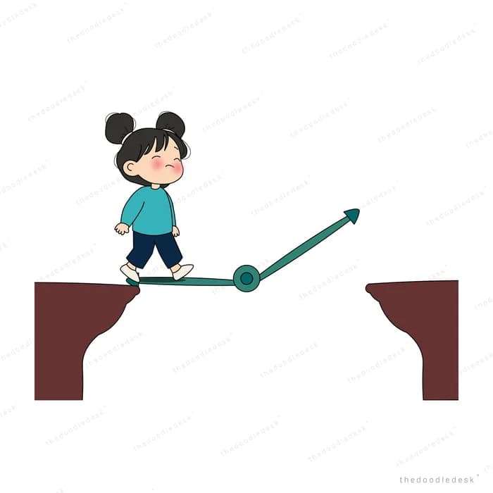 Girl walking along a line toward a rising arrow