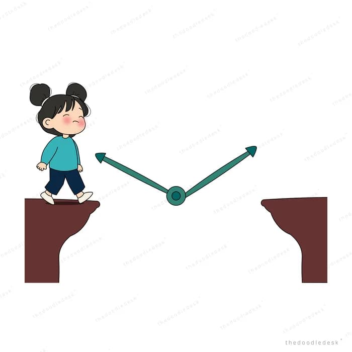Girl walking a line toward a zigzag arrow that dips then climbs