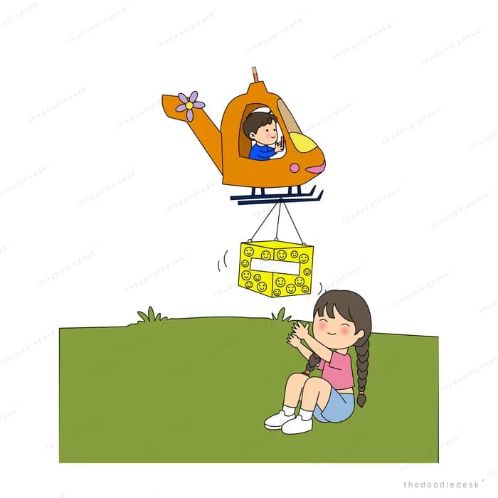 Orange helicopter lowering a yellow parcel to a girl sitting on the grass