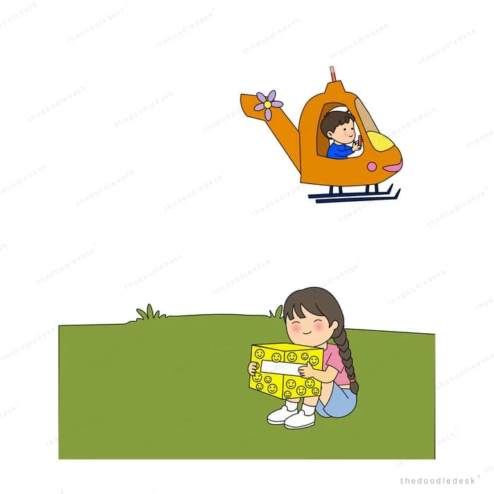 Girl on the grass opening a yellow parcel as a helicopter flies overhead