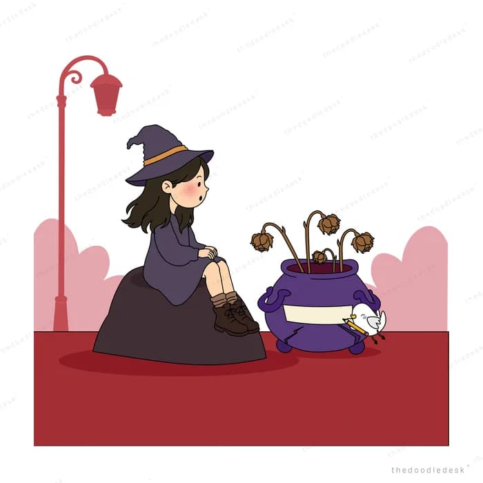 Woman in a black hat perched on a dark rock beside a purple pot of withered stems