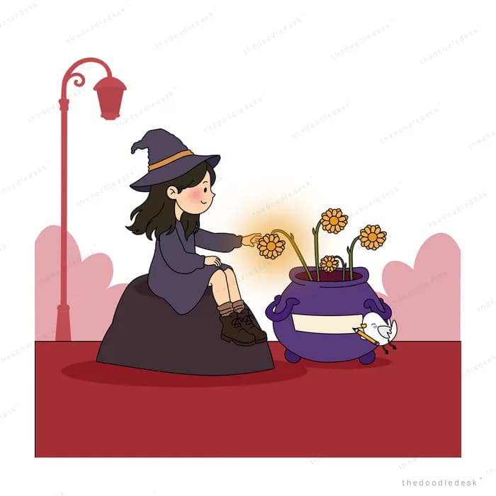 Woman in a black hat on a rock as a warm glow rises from her purple plant pot