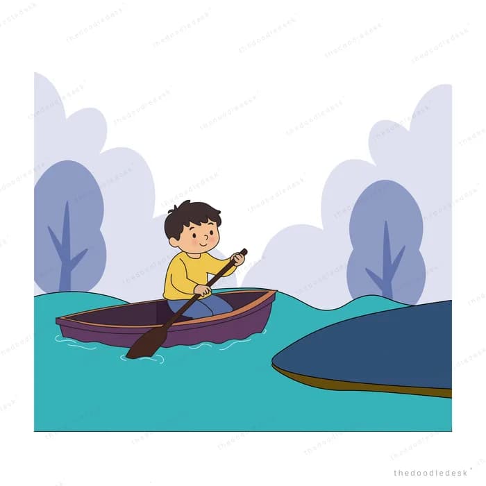 Boy sailing a small boat with a dark sail on teal water past pale trees