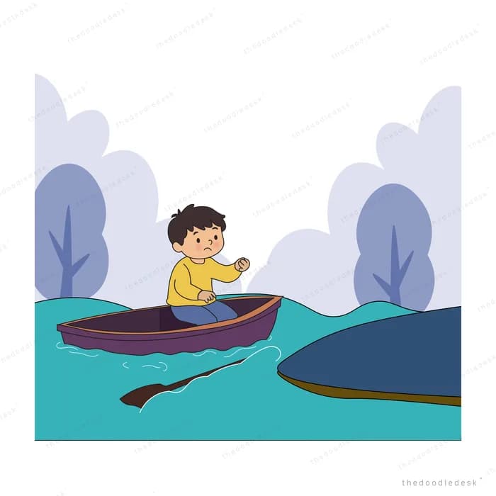 Boy sailing an orange-sailed boat while a fish swims below