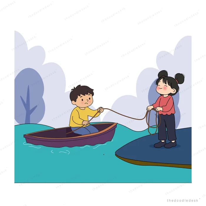 Girl standing in the shallows tugging a rope tied to a boy's sailing boat