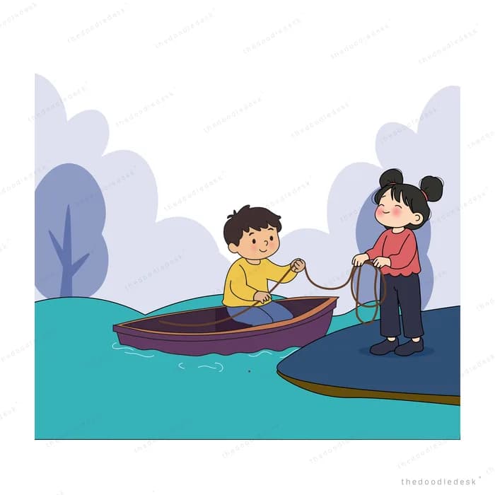 Girl on the bank holding a rope as a boy sails his boat on teal water