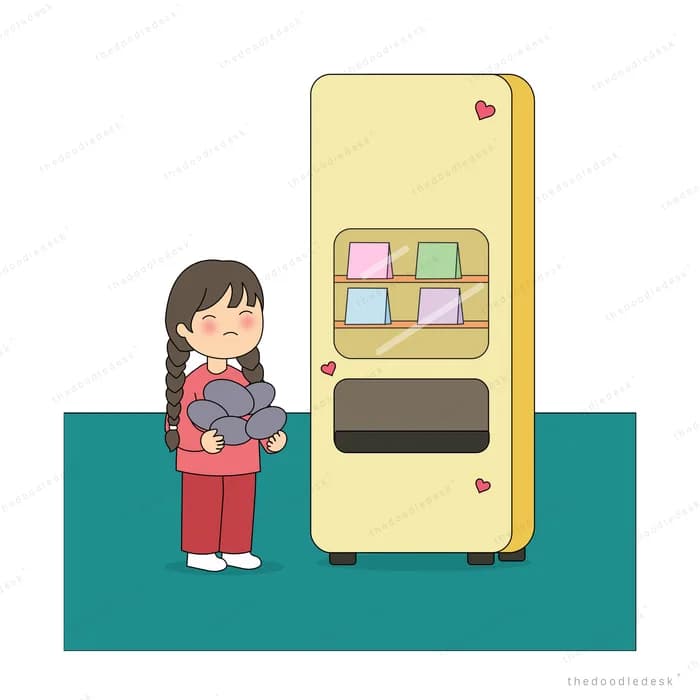 Girl clutching a handful of coins in front of a yellow vending machine