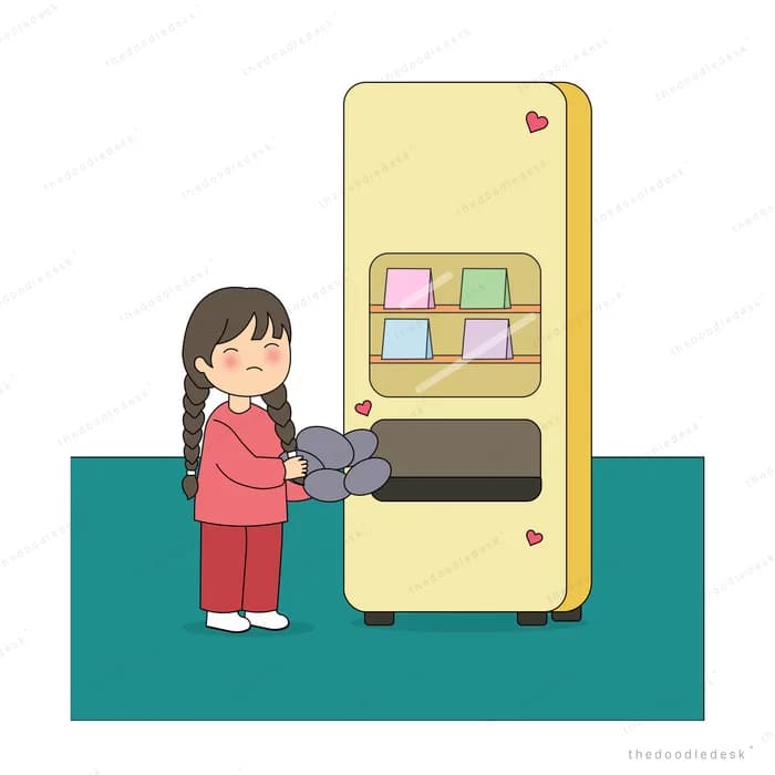 Girl counting coins beside a tall yellow vending machine
